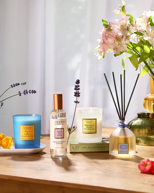 Lavender Room Spray, Fresh Bergamote Scented Candle, Monoi & Passion Scented Candle and Neroli & Fleur De Coton Reed Diffuser, front view, Collines De Provence