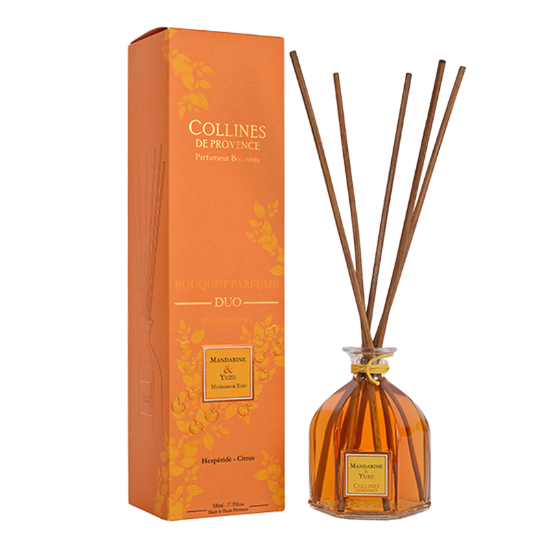 Collines de Provence large mandarin and yuzu reed diffuser with orange packaging on a white background