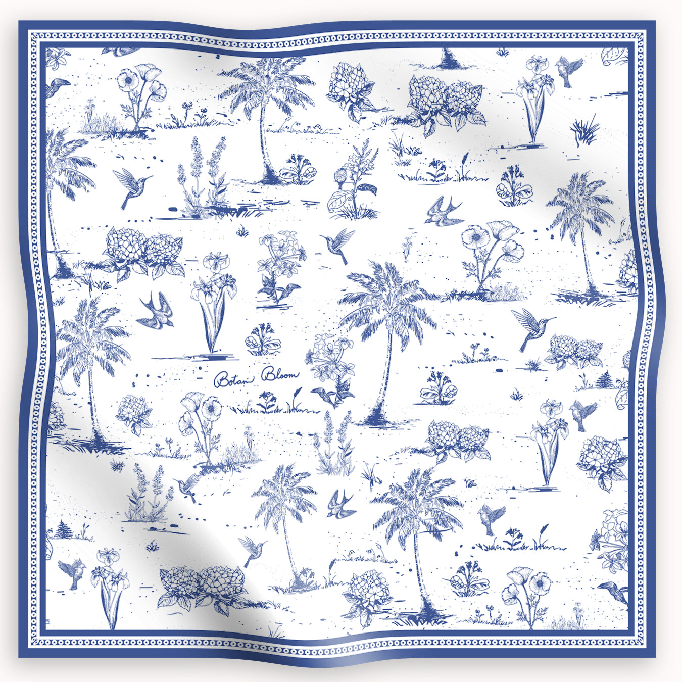 Blue and white patterned silk scarf with palm trees, flowers, and birds on a white background
