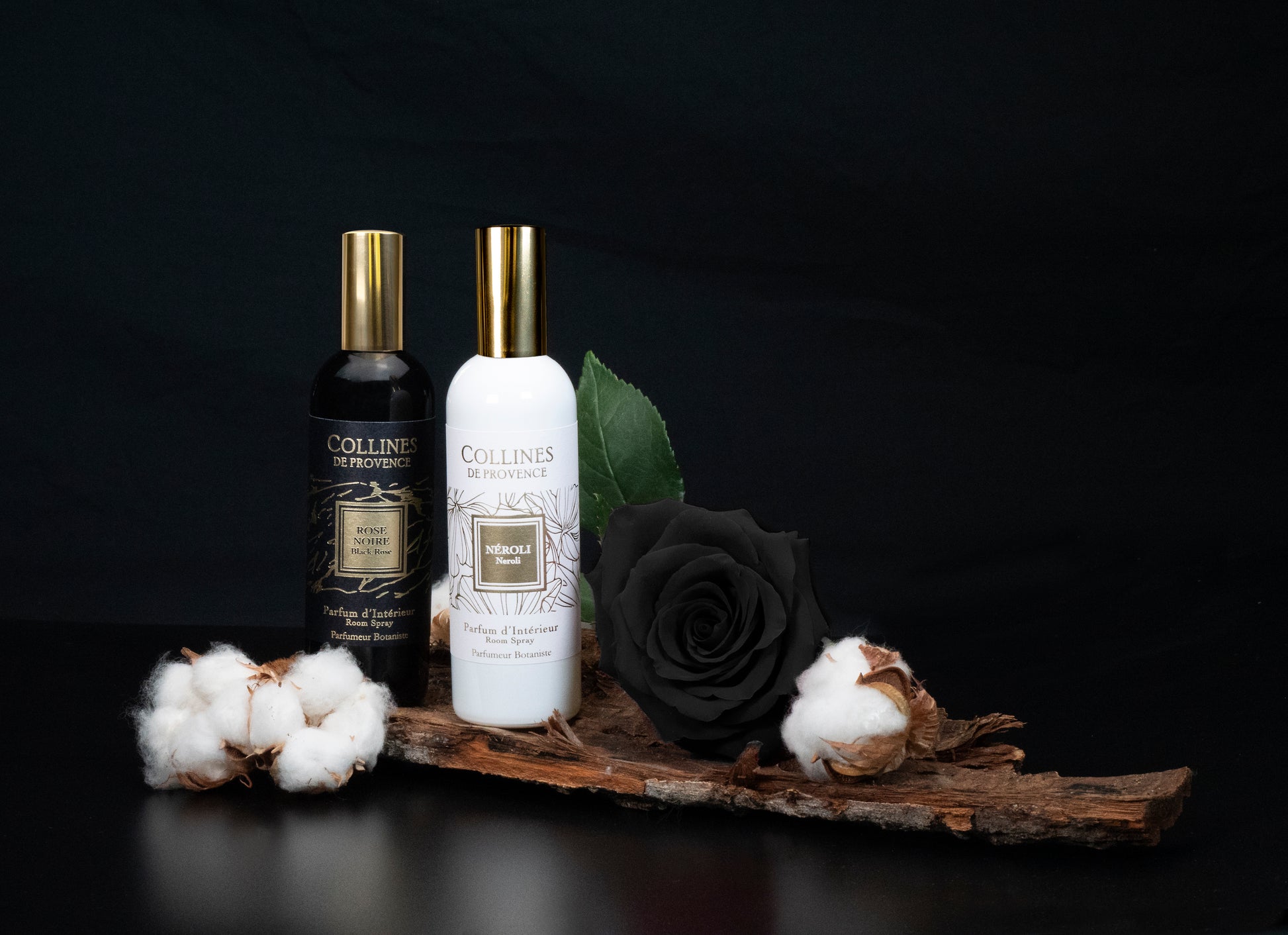 Black Rose Room Spray, with cotton room spray on black background