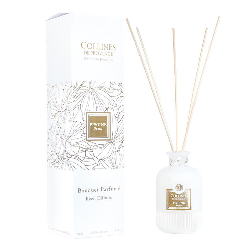 Collines de Provence peony reed diffuser with packaging on a white background