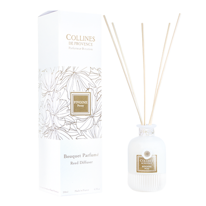 Collines de Provence peony reed diffuser with packaging on a white background