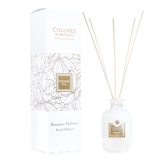 Collines de Provence peony reed diffuser with packaging on a white background