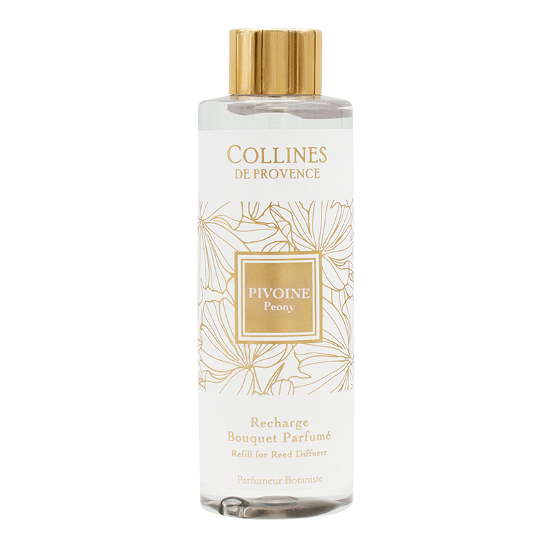 Collines de Provence peony diffuser refill bottle with gold cap on a white background