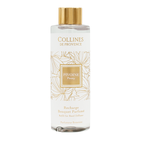 Collines de Provence peony diffuser refill bottle with gold cap on a white background