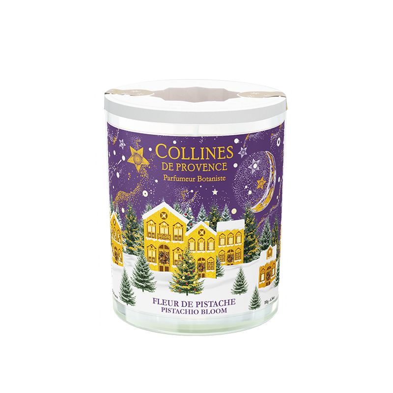 Collines de Provence 180 grams pistachio bloom scented candle packaging with a festive christmas design on a white background