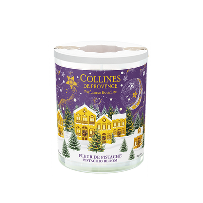 Collines de Provence 180 grams pistachio bloom scented candle packaging with a festive christmas design on a white background
