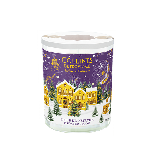 Collines de Provence 180 grams pistachio bloom scented candle packaging with a festive christmas design on a white background