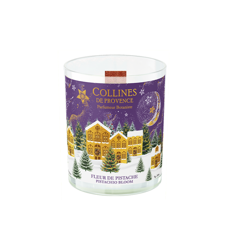Collines de Provence 75 grams pistachio bloom scented candle with a festive christmas design on a white background
