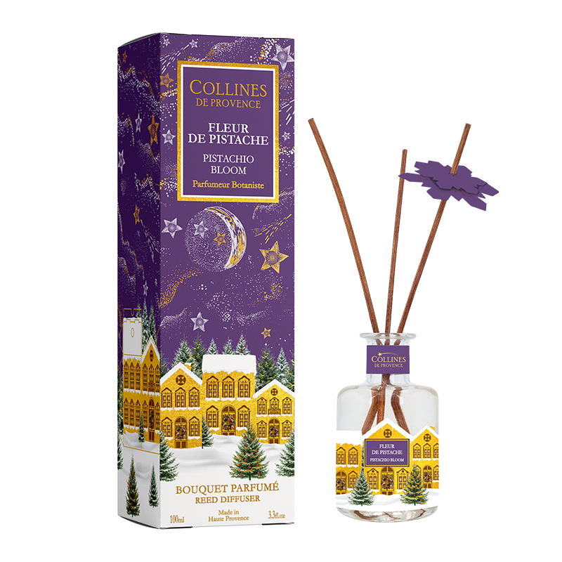 Collines de Provence Pistachio Bloom reed diffuser with christmas vibe packaging on a white background