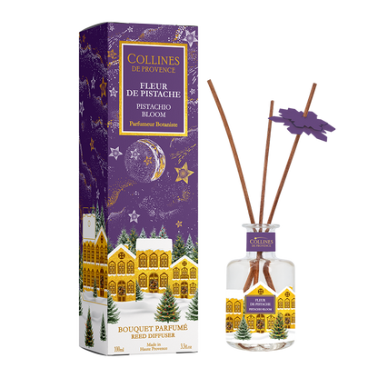 Collines de Provence Pistachio Bloom reed diffuser with christmas vibe packaging on a white background