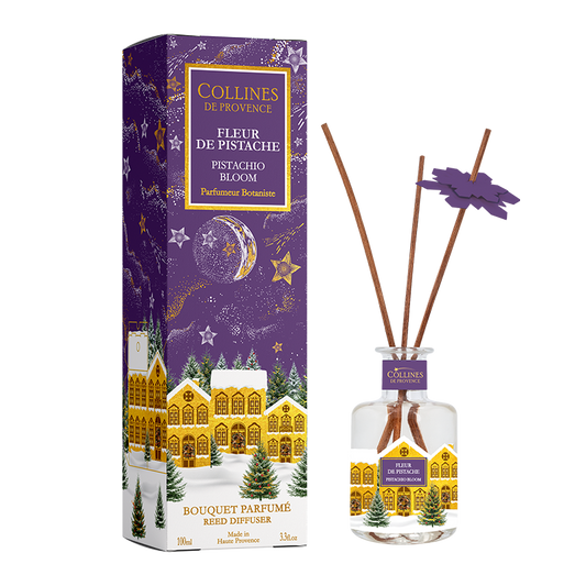 Collines de Provence Pistachio Bloom reed diffuser with christmas vibe packaging on a white background