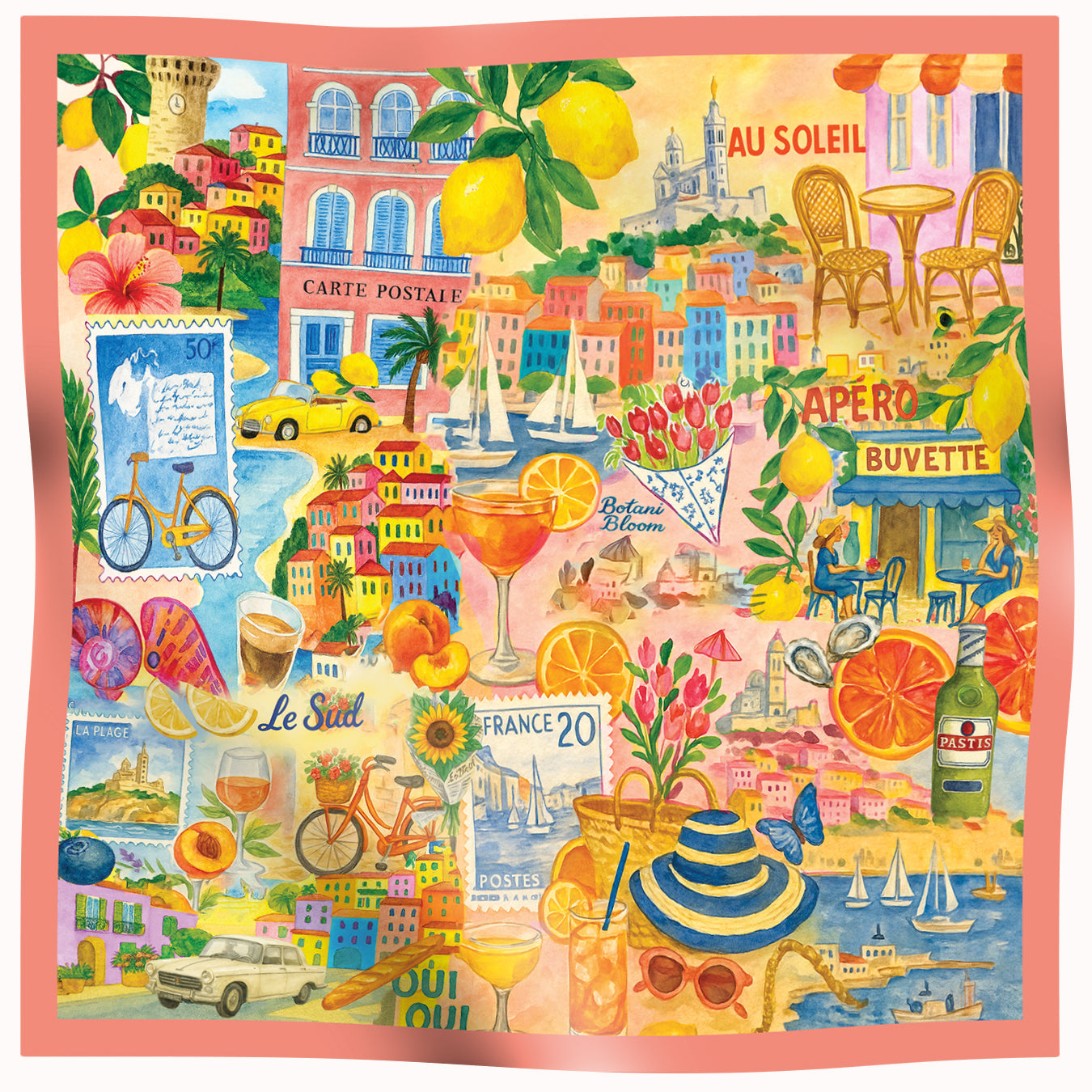 Silk Scarf with design of colorful collage of french-themed elements.