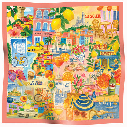 Silk Scarf with design of colorful collage of french-themed elements.