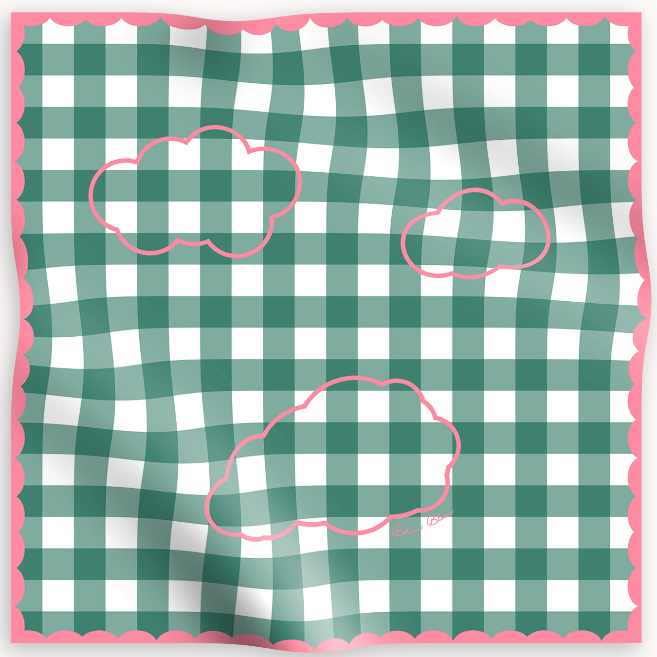 Green and white checkered silk scarf with pink cloud shapes on a pink border