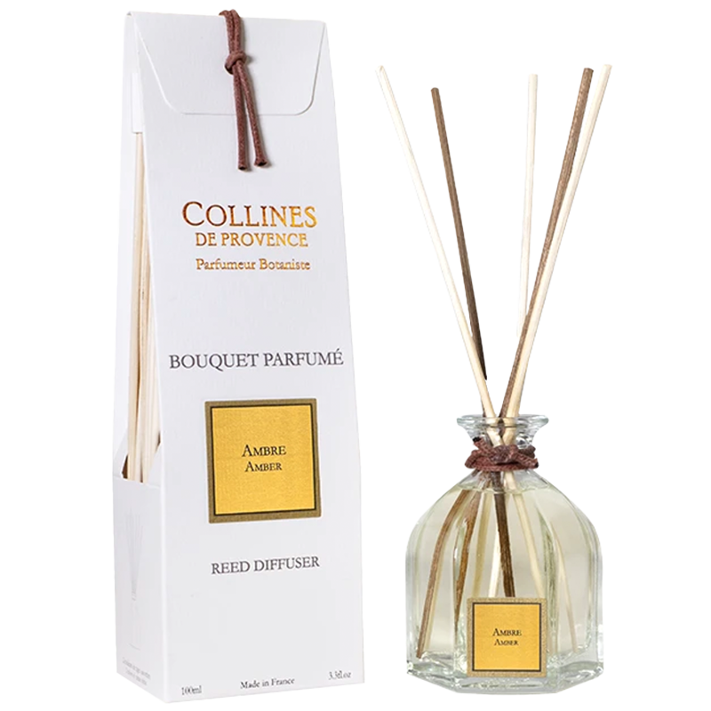 Amber Reed Diffuser, front view with reeds and box