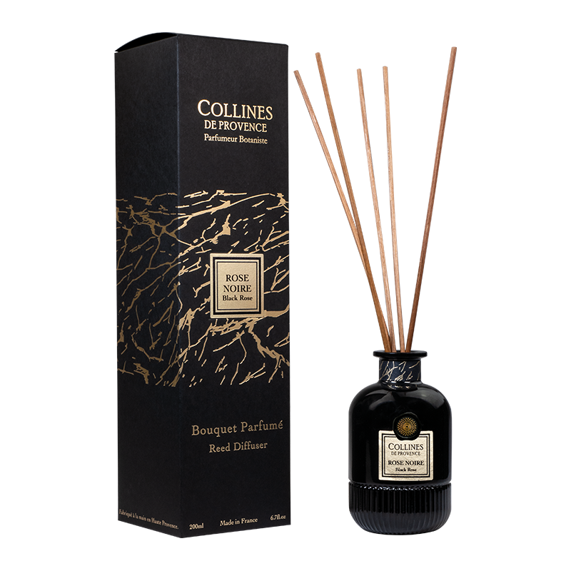 Black Rose Reed Diffuser, front view with reeds and box