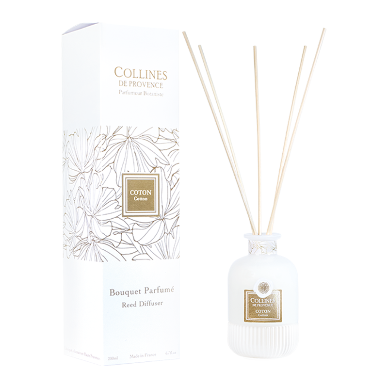 Cotton Reed Diffuser, front vie with reeds and box