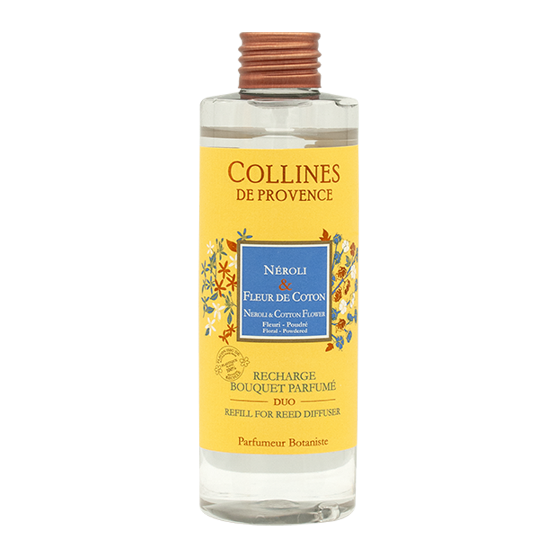 Collines de Provence Neroli & Cotton Flower diffuser refill bottle on a white background