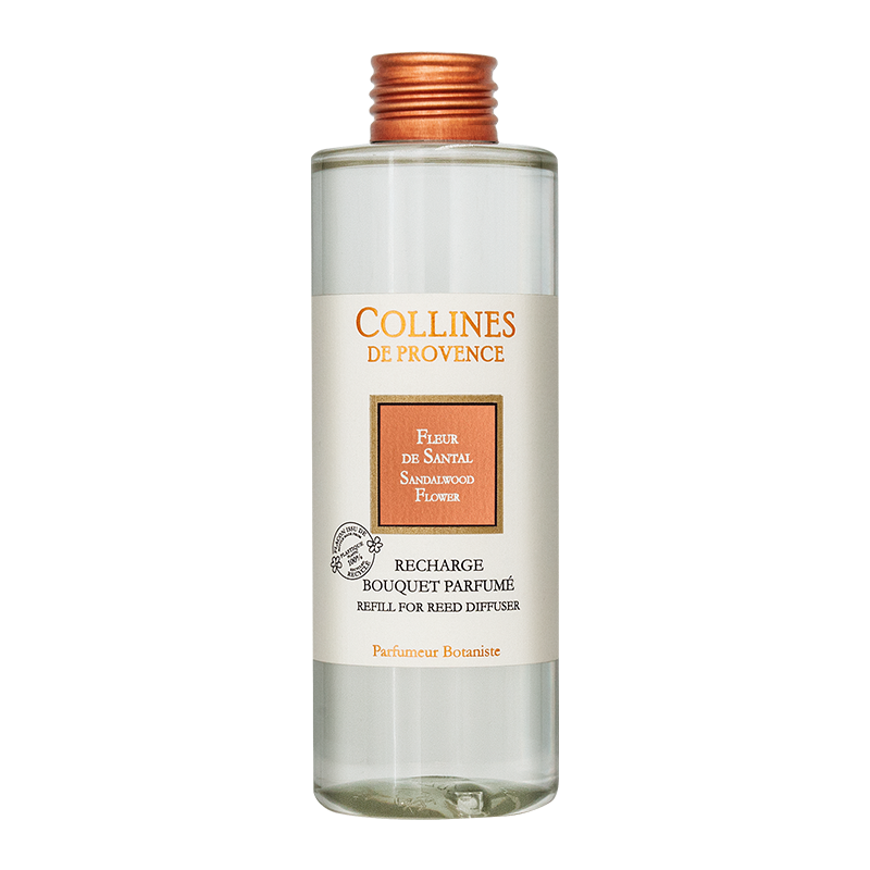 Collines de Provence Sandalwood flower diffuser refill bottle on a white background