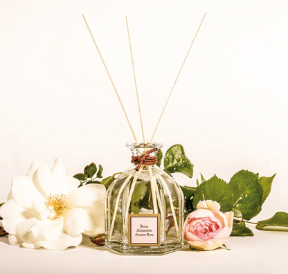 A Collines de provence reed diffuser bottle with reeds surrounded by flowers and leaves on a light background