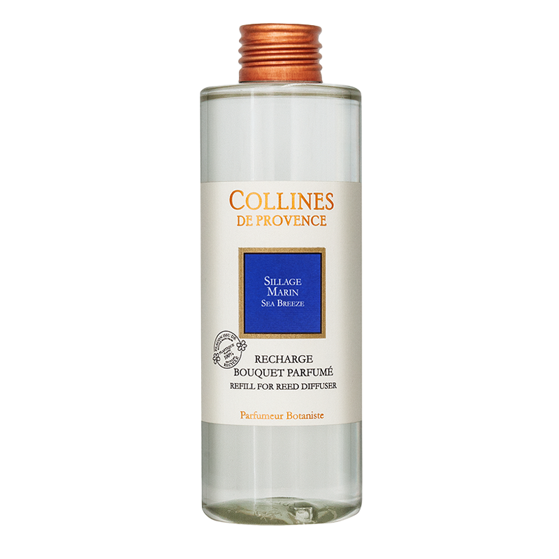 Collines de Provence Sea breeze diffuser refill with a white label on a white background