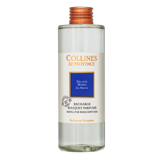 Collines de Provence Sea breeze diffuser refill with a white label on a white background