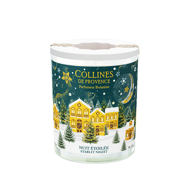 Collines de Provence 180g Starlit night scented candle packaging with a winter scene design on a white background
