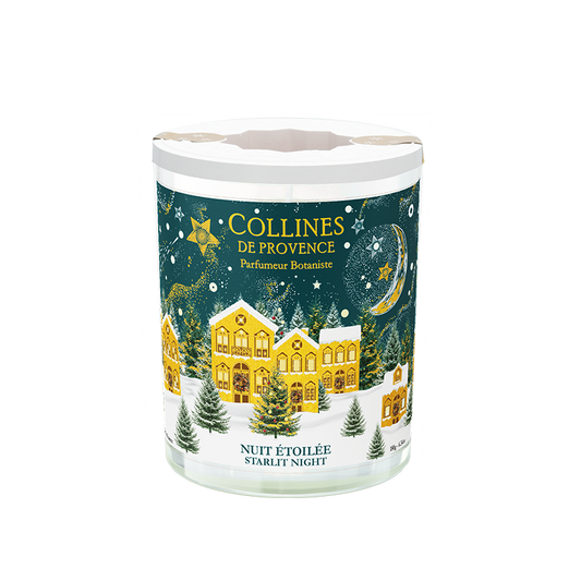 Collines de Provence 180g Starlit night scented candle packaging with a winter scene design on a white background