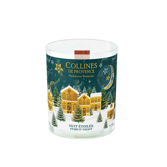 Collines de Provence Starlit night scented candle with winter christmas scene design on a white background
