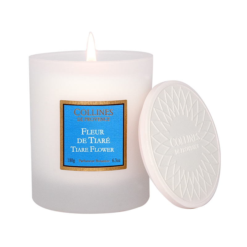 Collines de Provèence tiare flower scented candle with lid on a white background