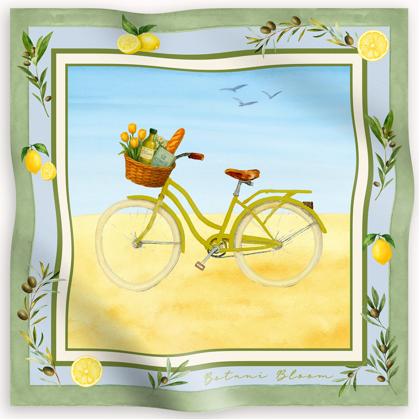 Botani bloom silk scarf with a Yellow bicycle with a basket of flowers and lemons on a scenic background as design