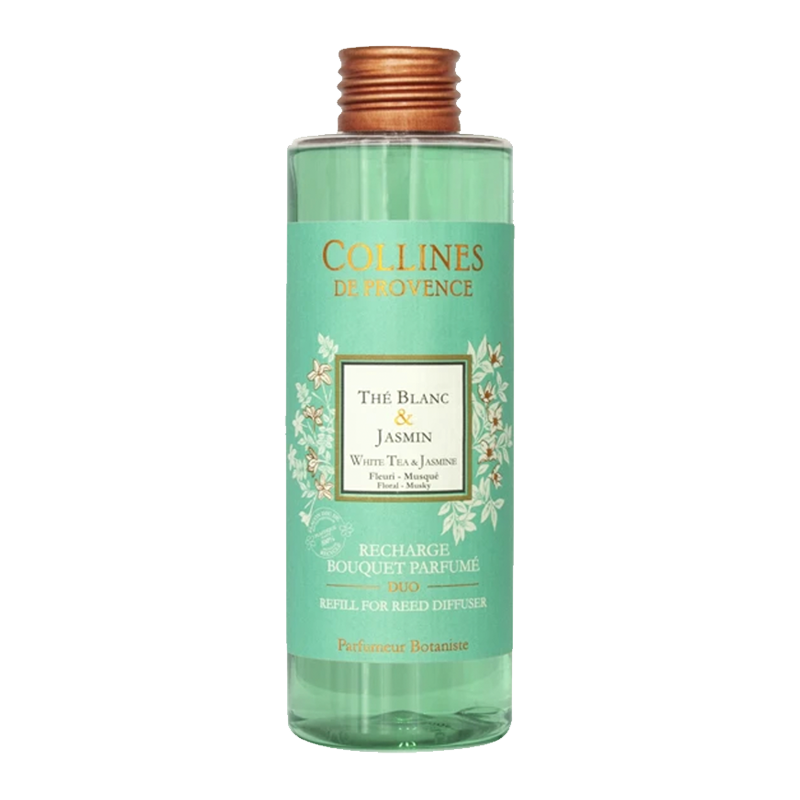 Collines de Provence White Tea and Jasmine diffuser refill bottle with green label on a white background