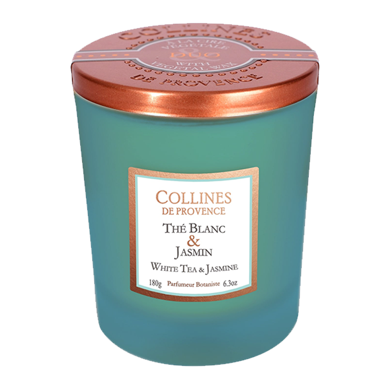 White Tea & Jasmine Scented Candle, front view, Collines De Provence